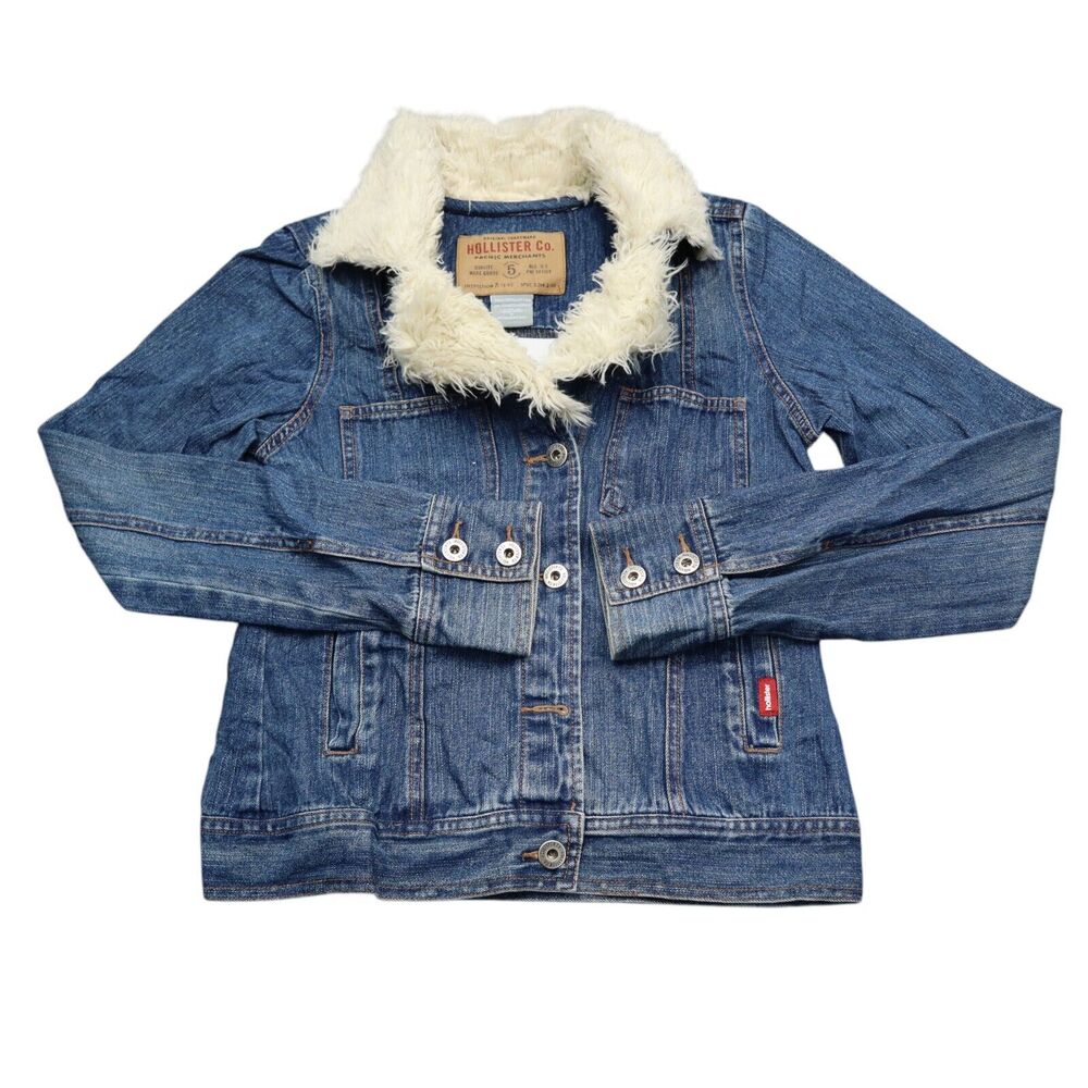 Hollister Co Jacket Womens S Blue Denim Button Up Faux Fur Collared Long Sleeve